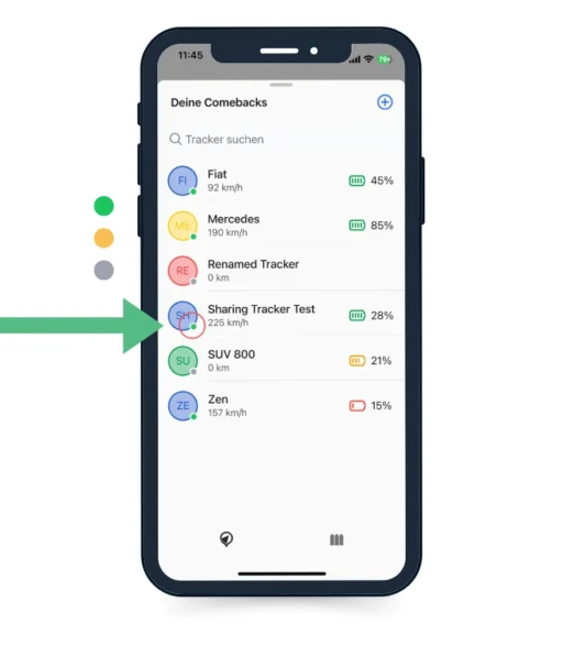 Erfahre anhand der Anzeige den Status Deines Trackers. Grün = Tracker ist in Bewegung, Gelb = Tracker ist im Ruhezustand, Grau = Tracker ist offline.