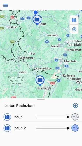 Controlla in qualsiasi momento se i tuoi localizzatori si trovano all'interno del recinto virtuale (grigio: fuori dal recinto, blu: all'interno del recinto).