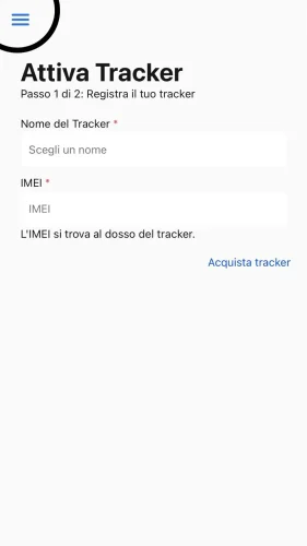 La persona invitata deve ora scaricare l'app Comeback e creare un account utilizzando l'indirizzo e-mail con cui è stato condiviso il tracker. A questo punto compare questa finestra, in cui è necessario premere le tre linee nell'angolo in alto a sinistra.