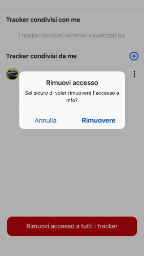 Per rimuovere l'accesso, torna al menu e premi "Gestisci accesso". Quindi premi i tre puntini accanto al nome del localizzatore e seleziona "Rimuovere".