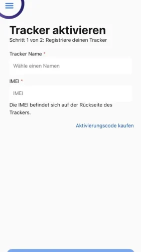 Die eingeladene Person lädt sich nun die Comeback-App herunter und erstellt einen Account mit der email-Adresse, mit welcher der Tracker geteilt wurde. Anschließend taucht dieses Fenster auf, bei dem auf die 3 Striche oben links gedrückt werden muss.