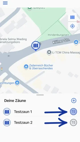 Überprüfe jederzeit, ob sich Dein/Deine Tracker innerhalb des virtuellen Zauns befinden (grau: außerhalb des Zauns, blau: innerhalb des Zauns).