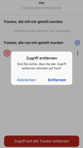 Um den Zugriff zu entfernen, kehre zurück in das Menü und drücke auf „Zugriffe verwalten“. Drücke anschließend auf die 3 Punkte neben dem Tracker-Namen und wähle „Entfernen“ aus.