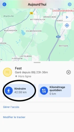 Laisse Google Maps te guider jusqu'à ton tracker. Pour cela, clique sur le bouton « Intinéraire » dans la vue détaillée du tracker.