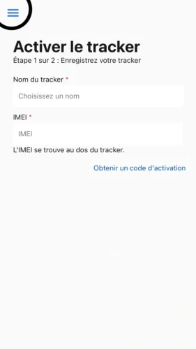La personne invitée télécharge alors l'application Comeback et crée un compte avec l'adresse e-mail avec laquelle le tracker a été partagé. La fenêtre suivante s'affiche alors. Il faut appuyer sur les 3 traits en haut à gauche.
