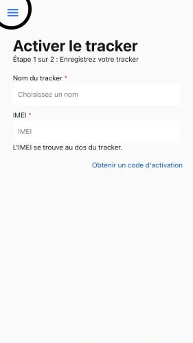 La personne invitée télécharge alors l'application Comeback et crée un compte avec l'adresse e-mail avec laquelle le tracker a été partagé. La fenêtre suivante s'affiche alors. Il faut appuyer sur les 3 traits en haut à gauche.