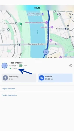 Informiere Dich über den Status Deines Trackers (grau=Offline, gelb=Standby, grün=Online).