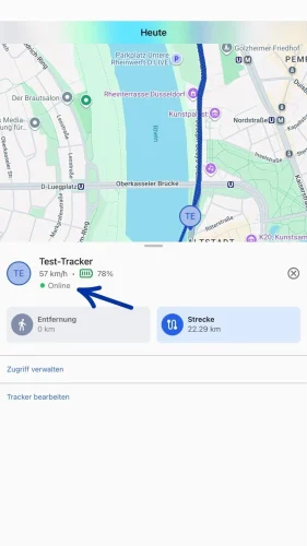 Informiere Dich über den Status Deines Trackers (grau=Offline, gelb=Standby, grün=Online).